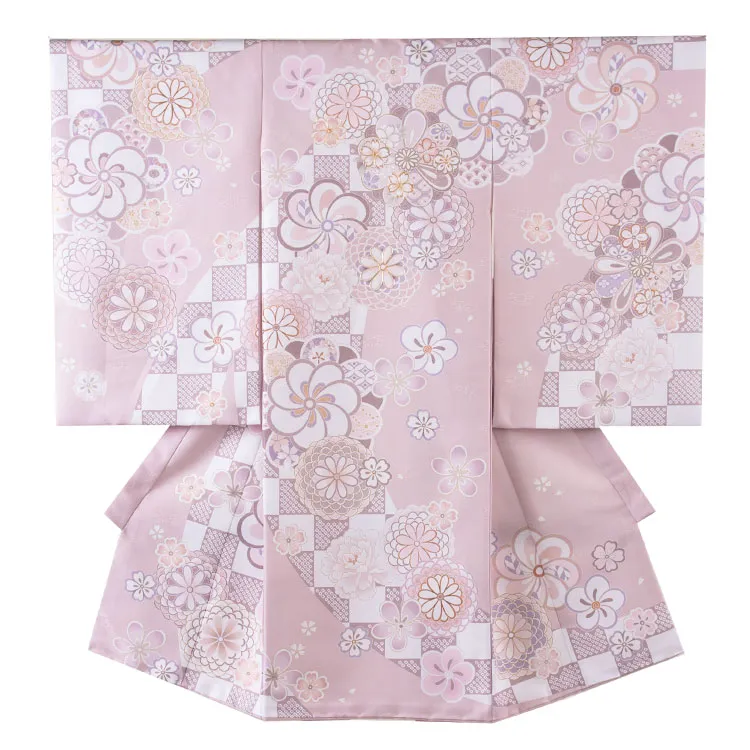 お宮参り女の子 産着レンタル くすみピンク ねじり梅 菊 牡丹 市松 1593