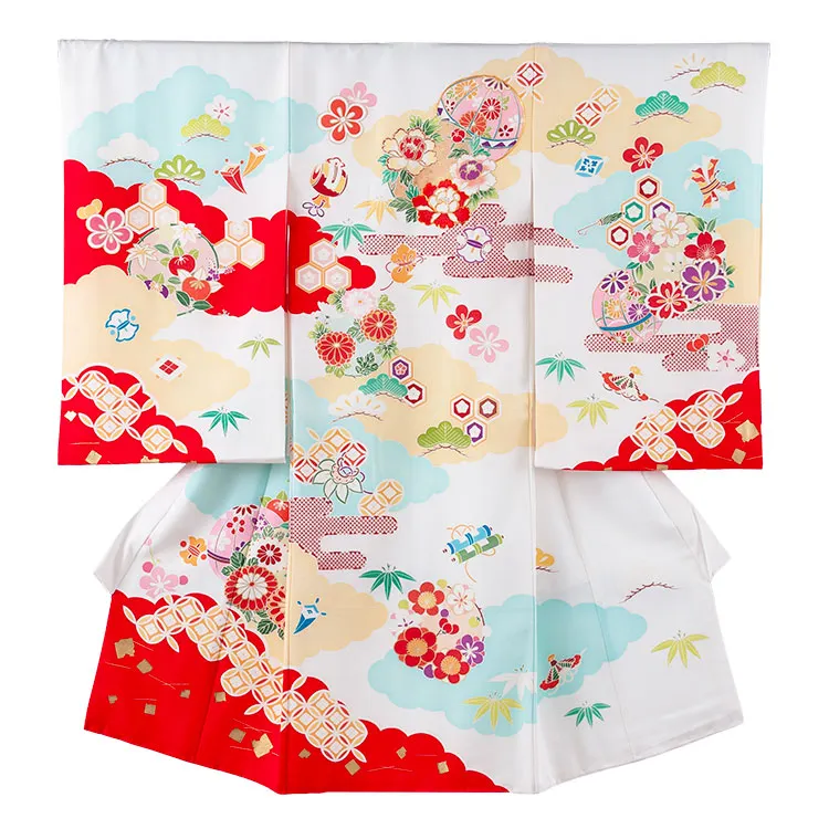 【正絹】お宮参り女の子 産着レンタル 白地 雲取り 吉祥文様 1603