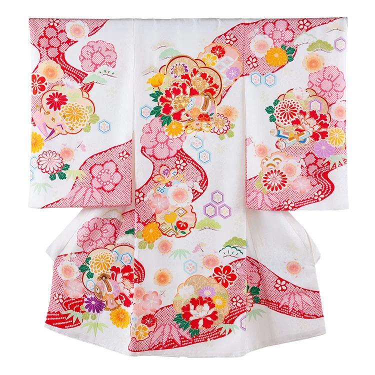 【正絹】お宮参り女の子 産着レンタル 白地 絞り調 梅に牡丹 1604