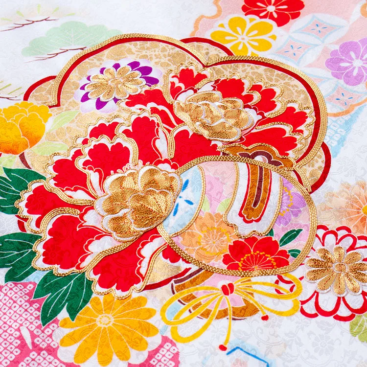 【正絹】お宮参り女の子 産着レンタル 白地 絞り調 梅に牡丹 1605