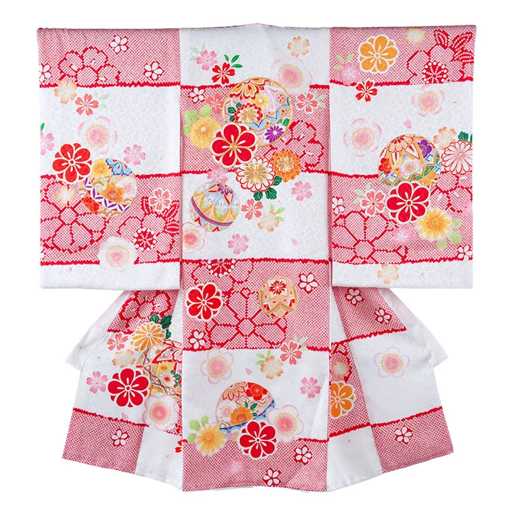 【正絹】お宮参り女の子 産着レンタル 白地 絞り調 市松 鞠 1606