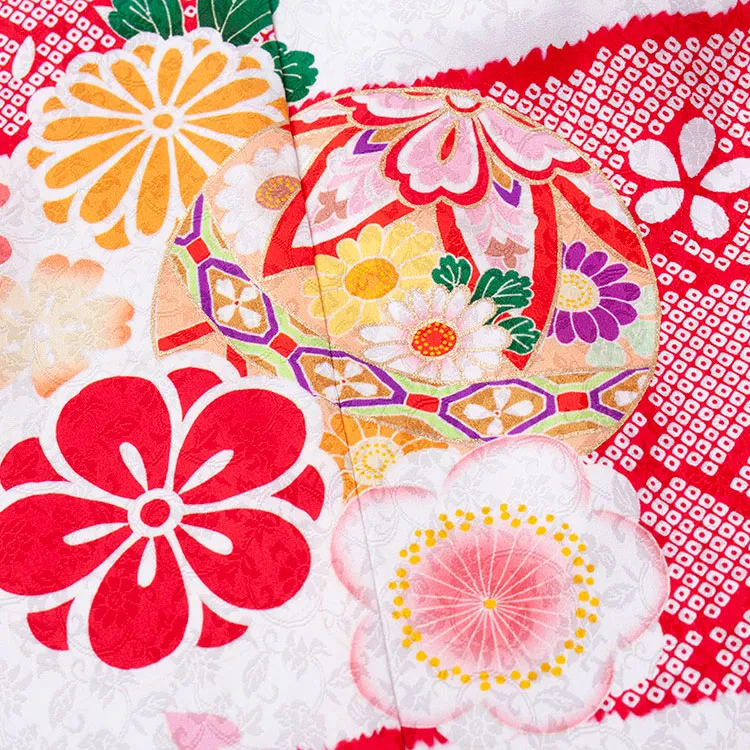 【正絹】お宮参り女の子 産着レンタル 白地 絞り調 市松 鞠 1606