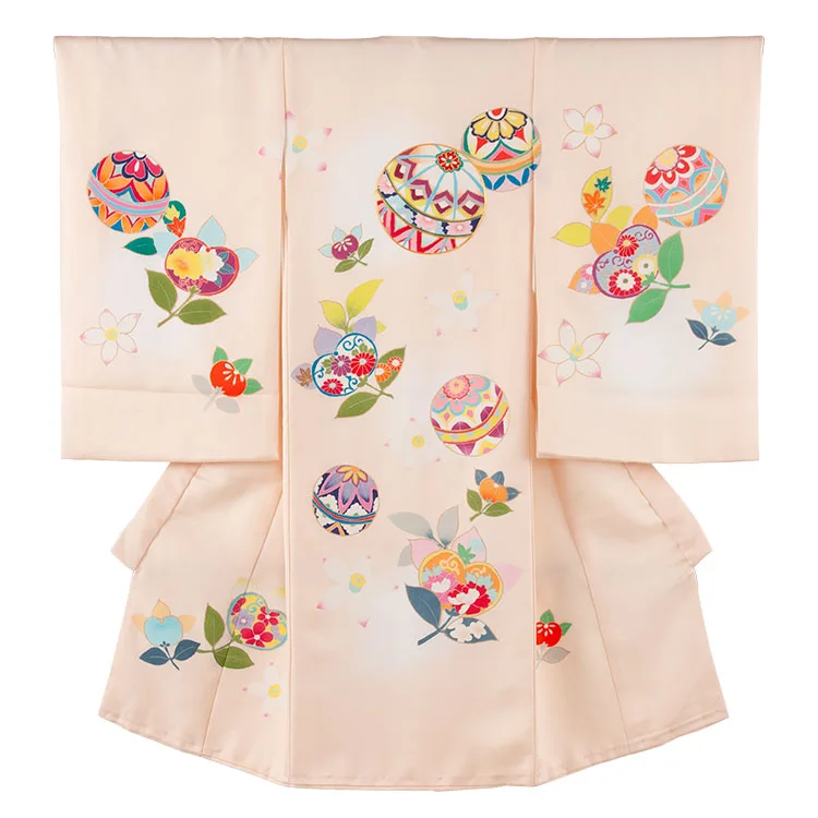 【正絹】お宮参り女の子 産着レンタル 薄ベージュ 手描き 鞠 橘 1612