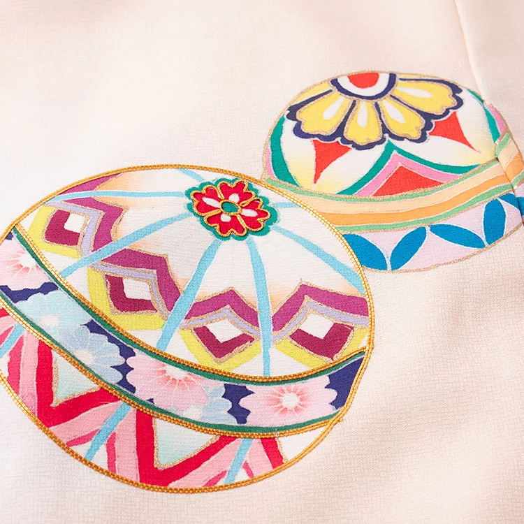 【正絹】お宮参り女の子 産着レンタル 薄ベージュ 手描き 鞠 橘 1612