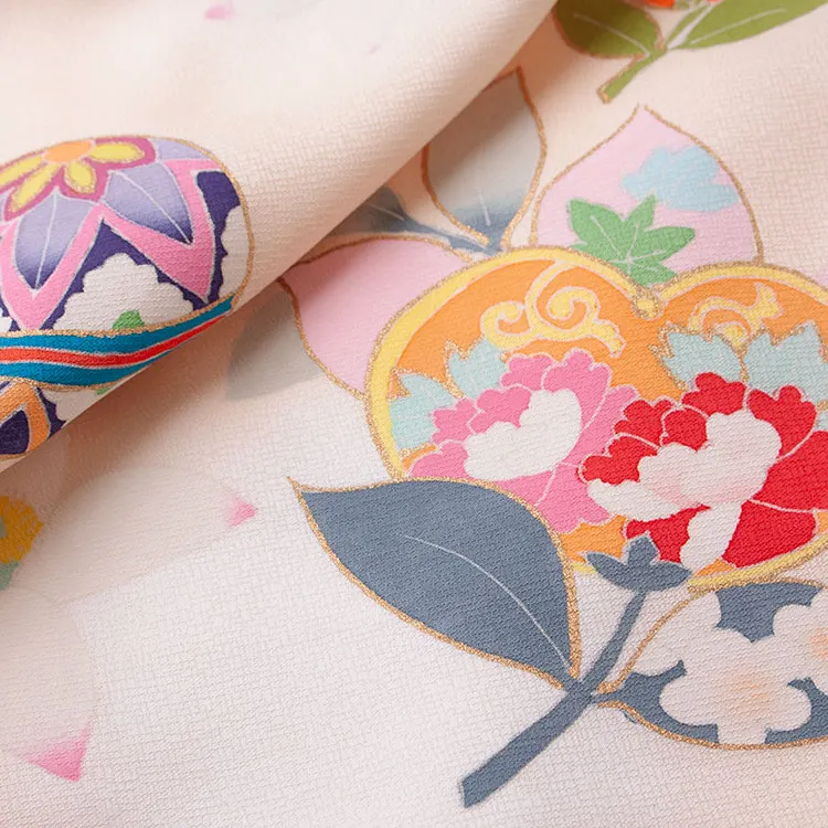 【正絹】お宮参り女の子 産着レンタル 薄ベージュ 手描き 鞠 橘 1612