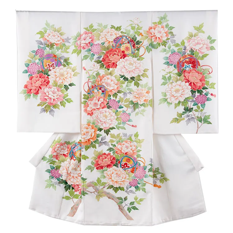 【正絹】お宮参り女の子 産着レンタル 白地 鞠に牡丹 1613