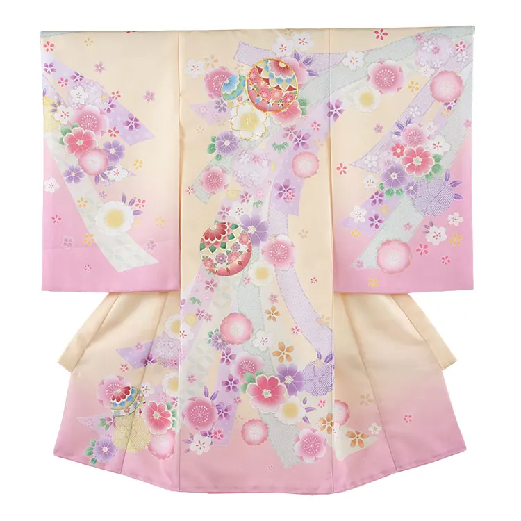 お宮参り女の子 産着レンタル 薄黄 裾ピンク 鞠 桜 熨斗 1623