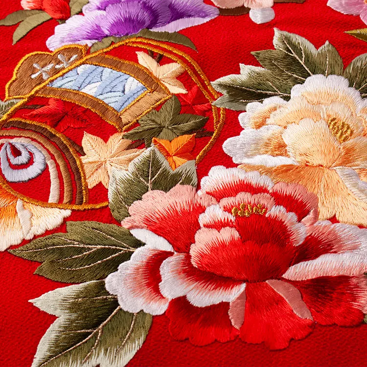 お宮参り女の子 産着レンタル 赤地 豪華鶴刺繍 牡丹 1626
