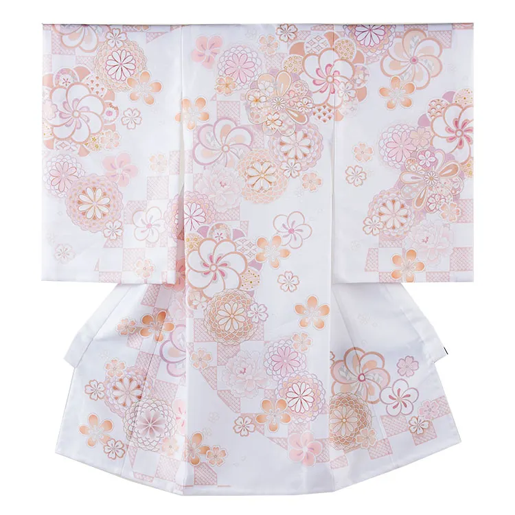 【夏用 単衣】お宮参り女の子産着レンタル 白地ねじり梅 菊 牡丹 市松 2-39