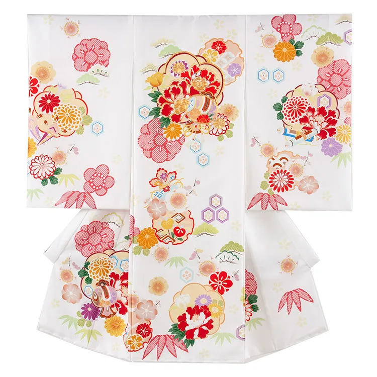 【夏用 単衣】お宮参り女の子 産着レンタル 白地 松竹梅 牡丹 2-40