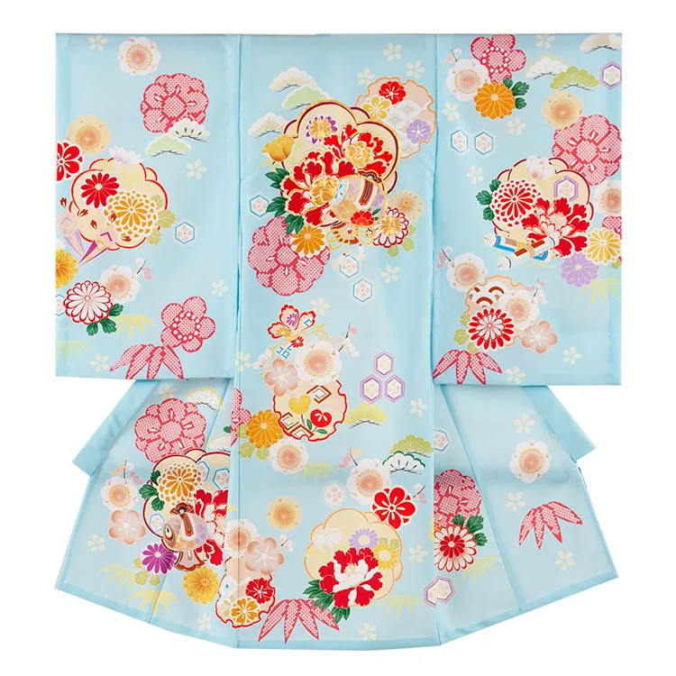 【夏用 単衣】お宮参り女の子 産着レンタル スカイブルー 松竹梅 牡丹 2-43