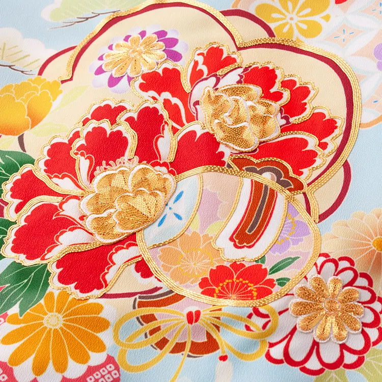 【夏用 単衣】お宮参り女の子 産着レンタル スカイブルー 松竹梅 牡丹 2-43