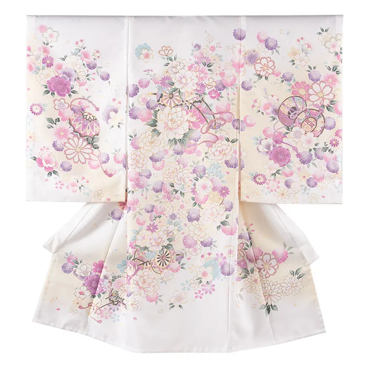 【夏用 単衣】お宮参り女の子 産着レンタル 白地 花車に桜 2-46