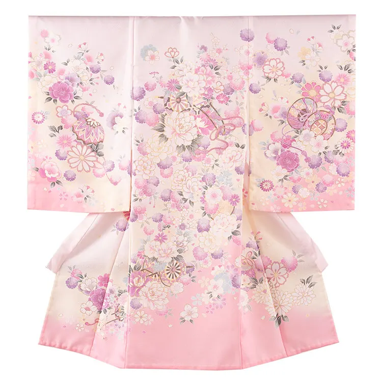 【夏用 単衣】お宮参り女の子 産着レンタル 薄ピンク 花車に桜 2-47