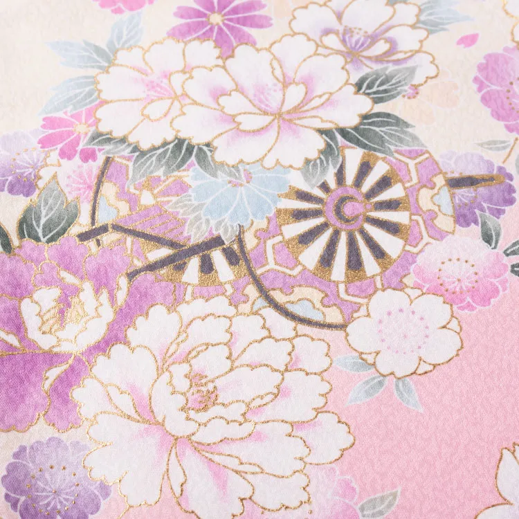 【夏用 単衣】お宮参り女の子 産着レンタル 薄ピンク 花車に桜 2-47