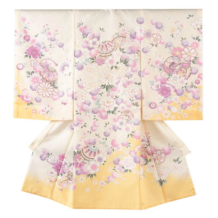 【夏用 単衣】お宮参り女の子 産着レンタル 薄イエロー 鞠に桜 2-48