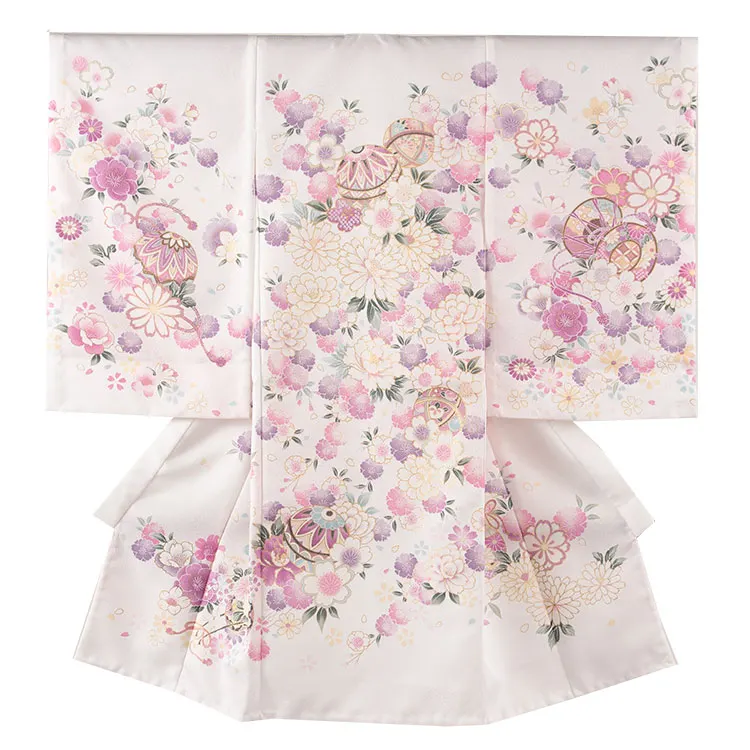 【夏用 単衣】お宮参り女の子 産着レンタル 白地 鞠に桜 2-49