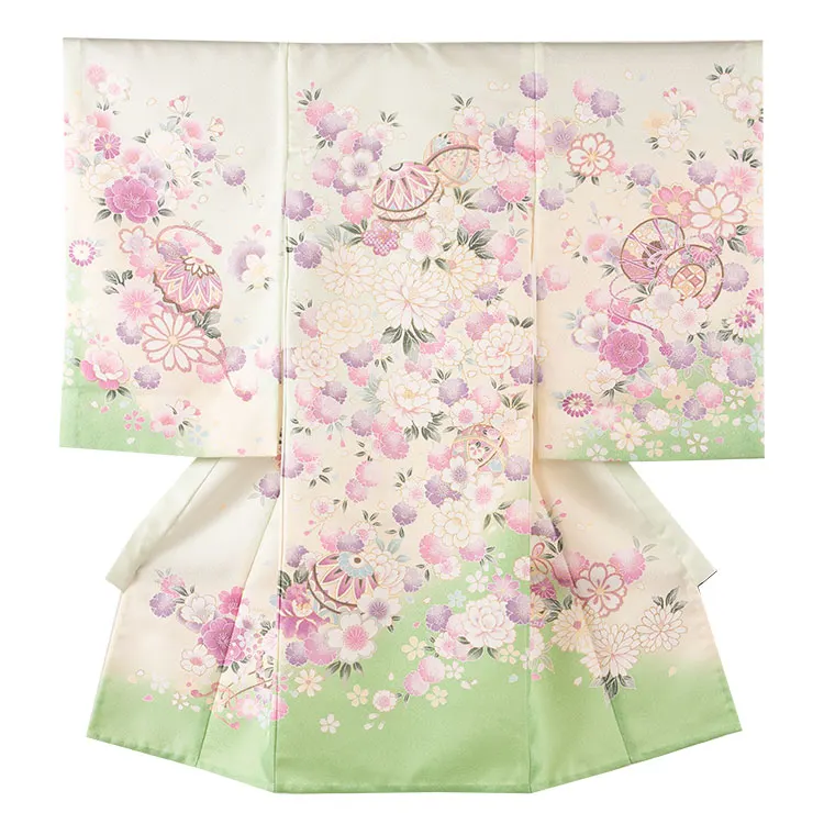 【夏用 単衣】お宮参り女の子 産着レンタル 淡グリーン 鞠に桜 2-50