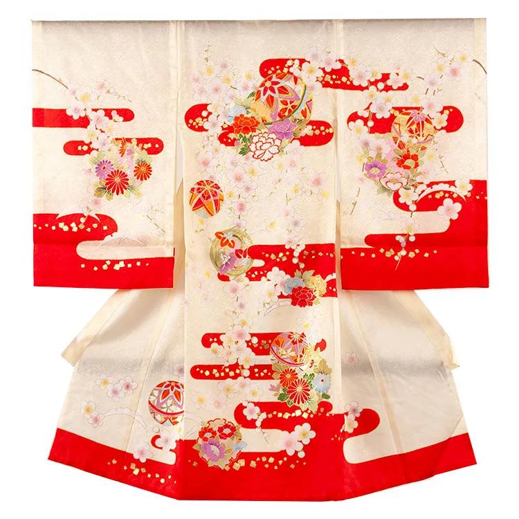 【夏用 単衣】お宮参り女の子 産着レンタル クリームイエロー 鞠に梅 2-51