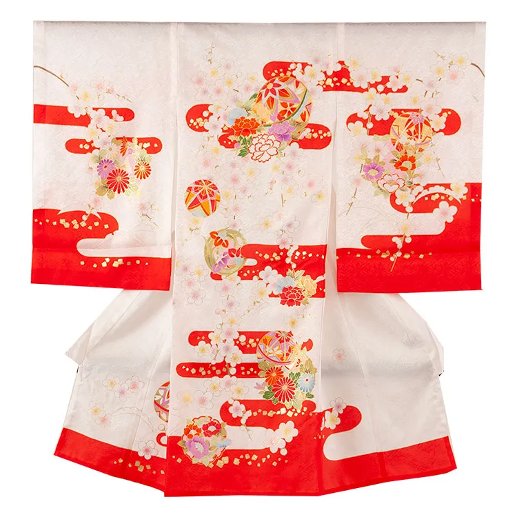 【夏用 単衣】お宮参り女の子 産着レンタル 白地 鞠に梅 2-52