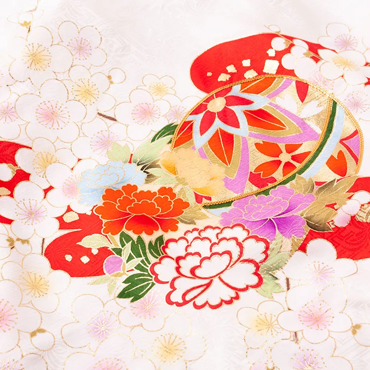 【夏用 単衣】お宮参り女の子 産着レンタル 白地 鞠に梅 2-52