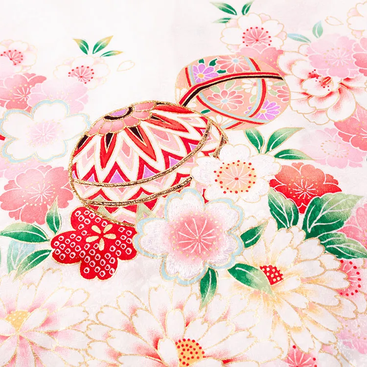 【夏用 単衣】お宮参り女の子 産着レンタル 白地 鞠に花づくし 2-53