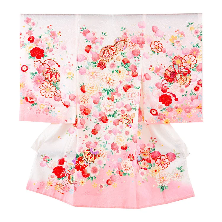 【夏用 単衣】お宮参り女の子 産着レンタル 白地 鞠に花づくし 2-54