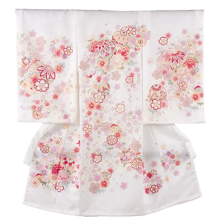 【夏用 単衣】お宮参り女の子 産着レンタル 白地 鞠に桜 2-69