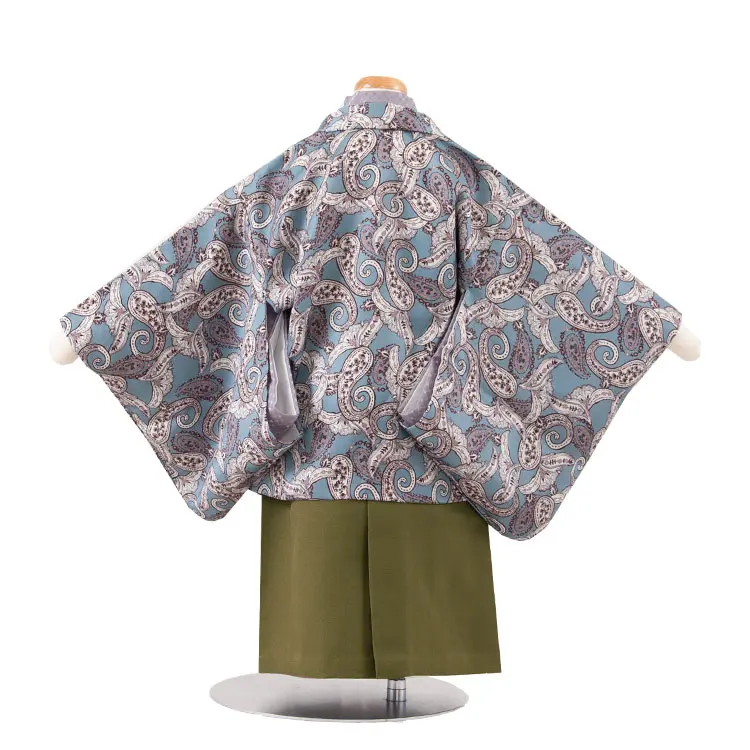 男児ベビー 青地 アンティーク柄 二部式着物 419