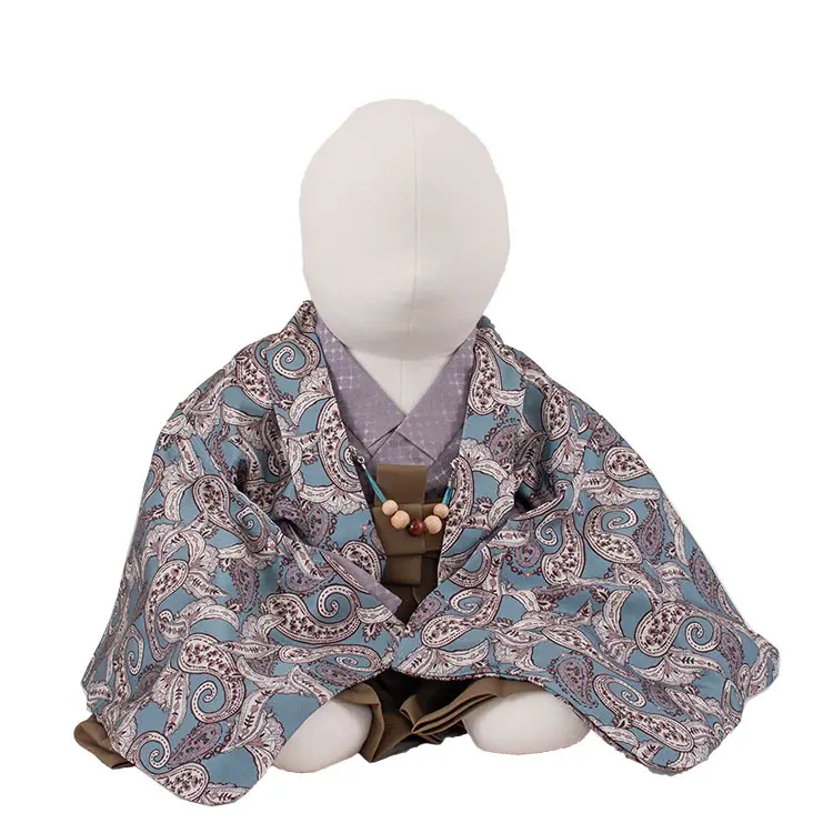 男児ベビー 青地 アンティーク柄 二部式着物 419