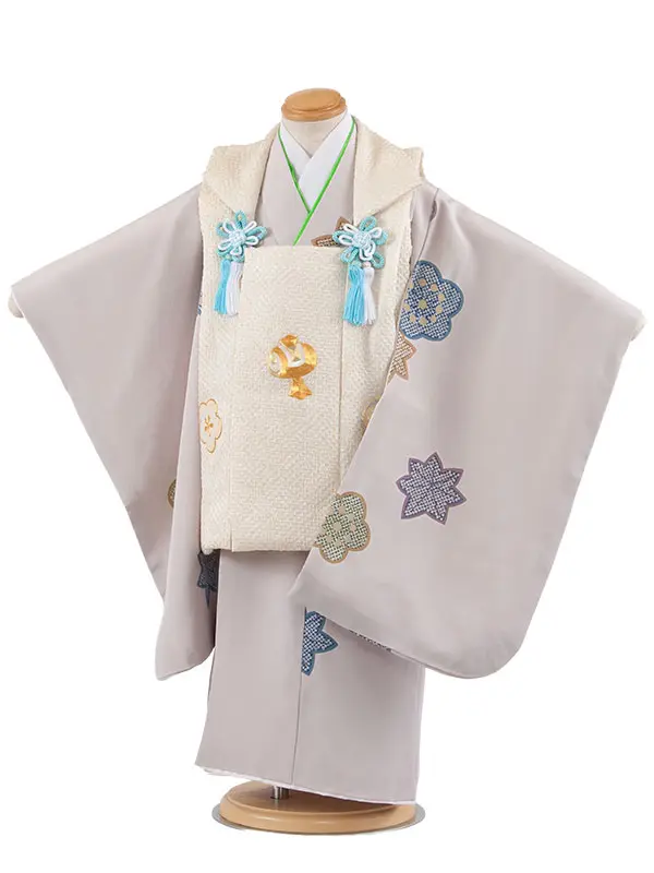 【正絹】七五三レンタル （3歳男児被布）1065 アイボリー×薄グレー 梅 紅葉