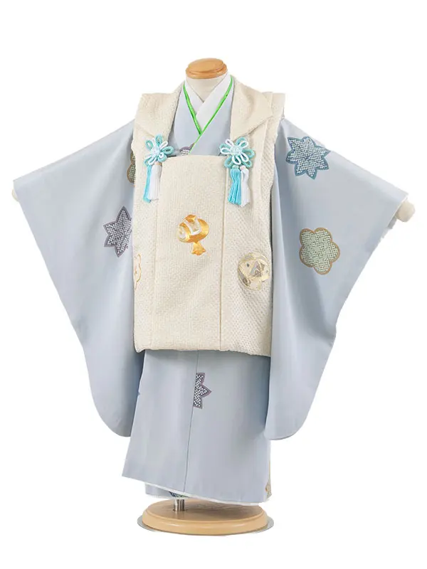 【正絹】七五三レンタル （3歳男児被布）1066 アイボリー×薄青 梅 紅葉