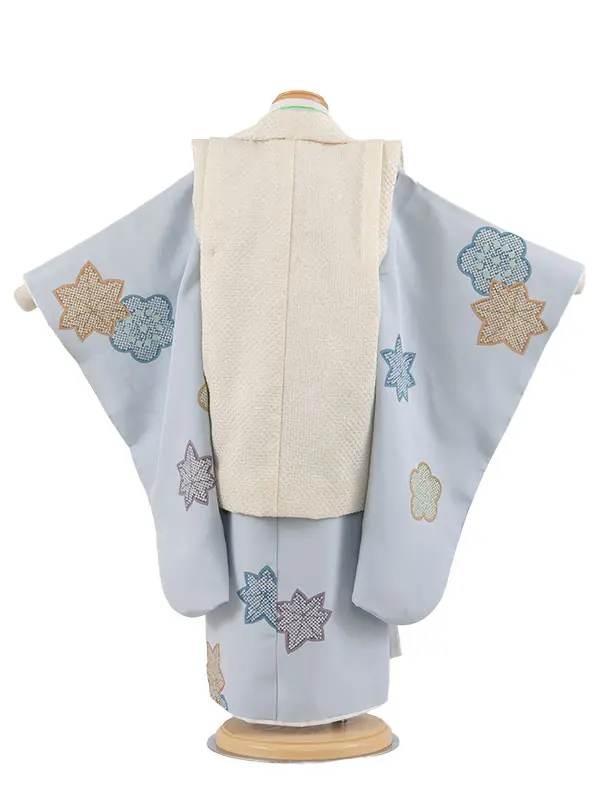 【正絹】七五三レンタル （3歳男児被布）1066 アイボリー×薄青 梅 紅葉