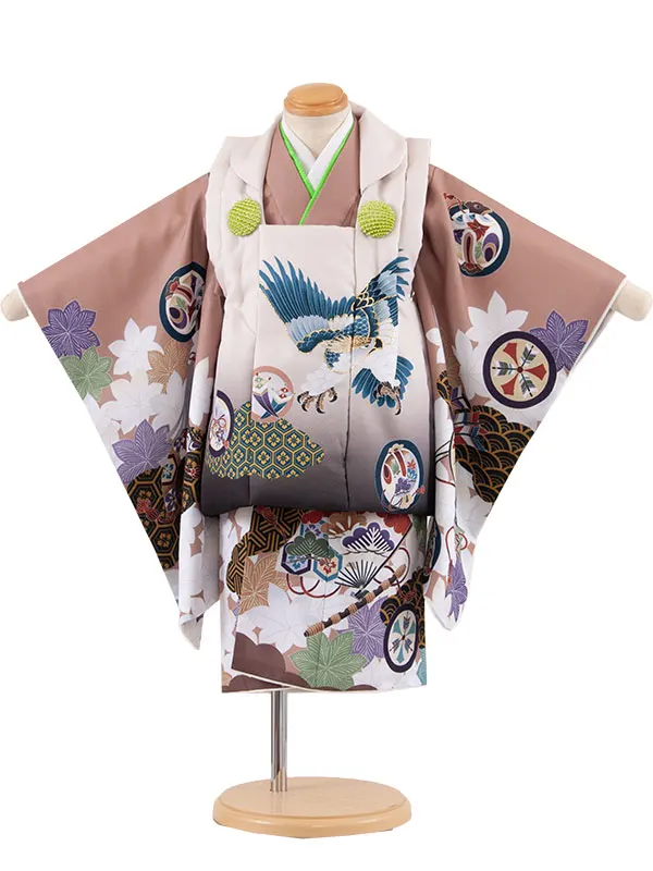 七五三レンタル （2歳男児被布）2153 ベージュ×キャメル 鷹 楓に丸紋