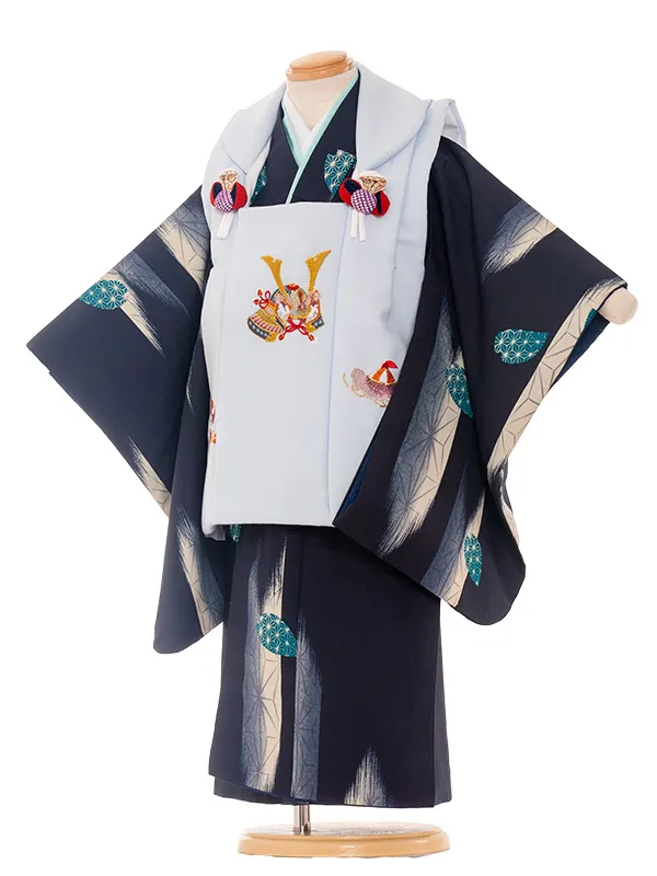 七五三レンタル（3歳男被布）3-58 青地/矢絣・葉柄