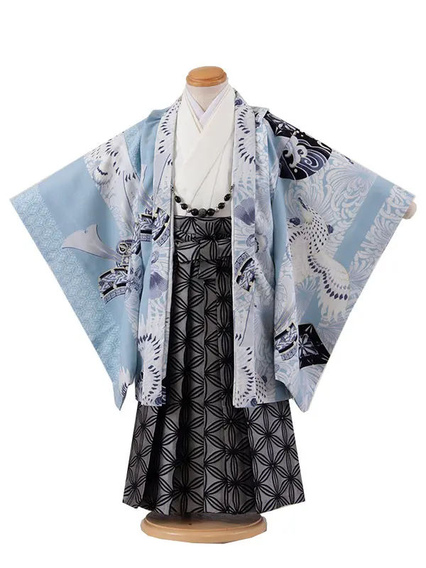 かんたん七五三 （3歳,4歳男袴）3293 ジャパンスタイル 空色 鷹に兜 乱菊