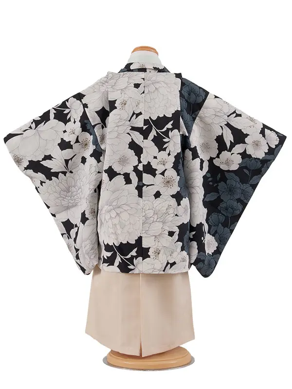かんたん七五三 （3歳,4歳男袴）3296 黒緑 牡丹