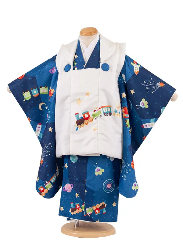 七五三レンタル （3歳男児被布）3A28 青地 宇宙 汽車