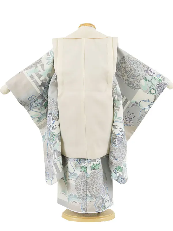 七五三レンタル （3歳男児被布）3A33 式部浪漫 薄グレー 兜 軍配に龍