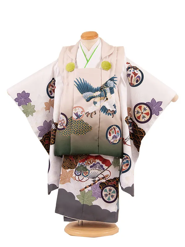 七五三レンタル （3歳男児被布）3A38 ベージュ×白地 鷹 楓に丸紋