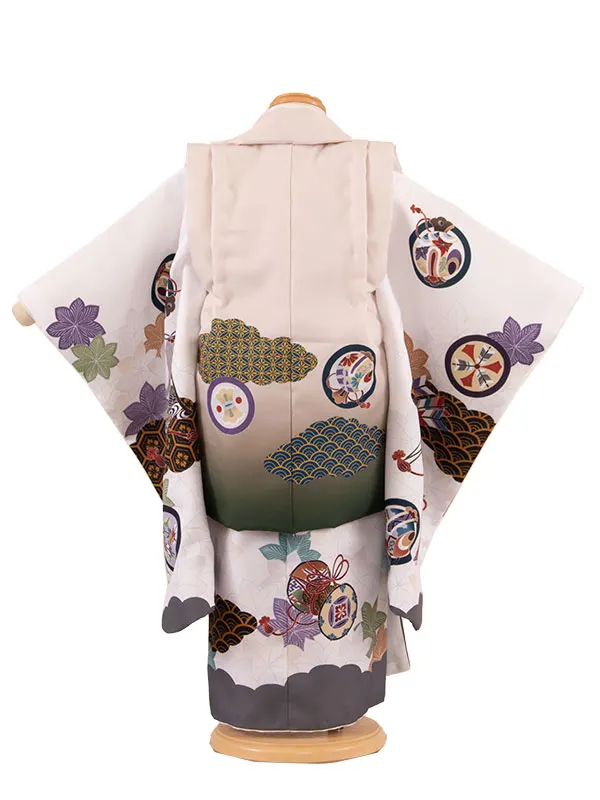 七五三レンタル （3歳男児被布）3A38 ベージュ×白地 鷹 楓に丸紋
