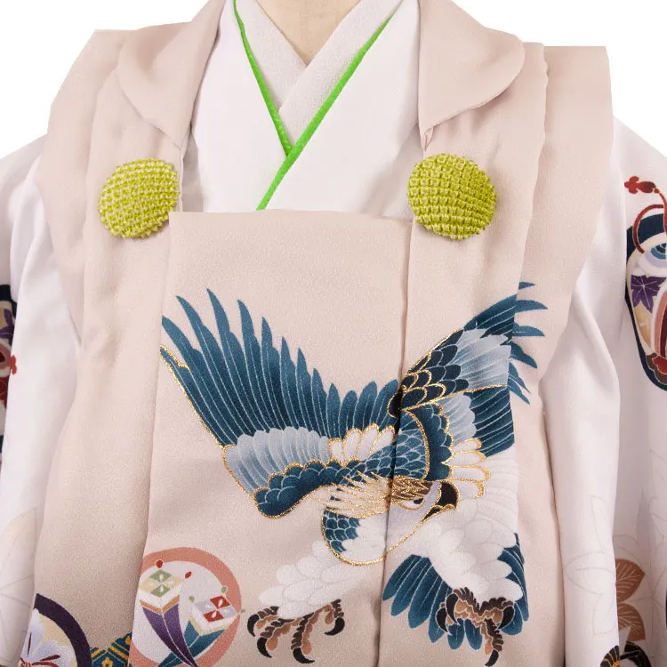 七五三レンタル （3歳男児被布）3A38 ベージュ×白地 鷹 楓に丸紋