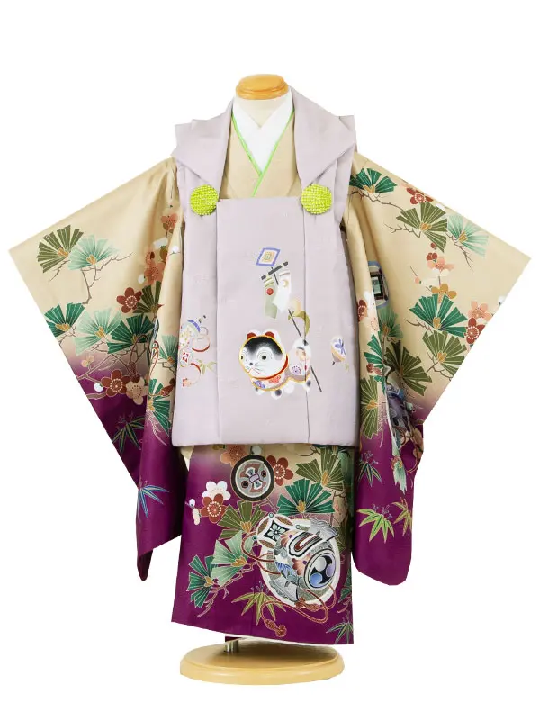 七五三レンタル （3歳男児被布）3A46 薄紫×薄からし色ぼかし犬張り子松竹梅