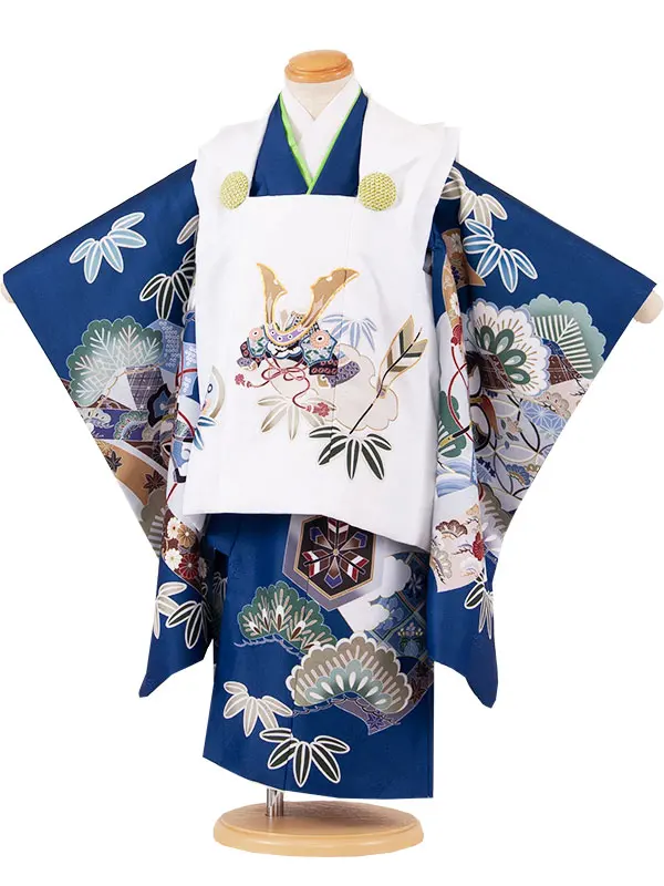 七五三レンタル （3歳男児被布）3A49 白地×青地 兜 吉祥文様