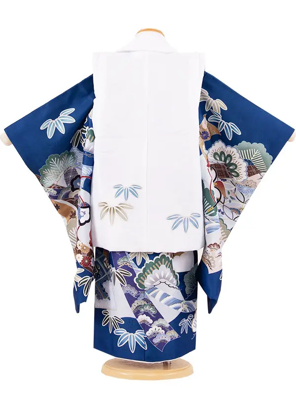 七五三レンタル （3歳男児被布）3A49 白地×青地 兜 吉祥文様