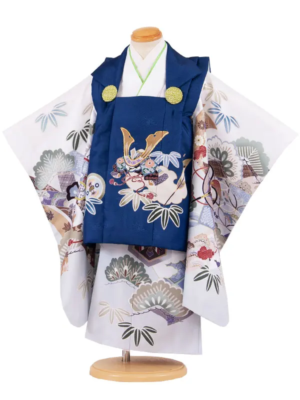 七五三レンタル （3歳男児被布）3A51 青地×白地 兜 吉祥文様