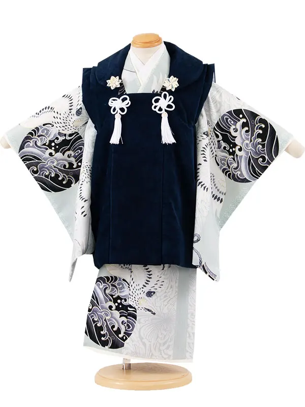 七五三レンタル （3歳男児被布）3A54 ジャパンスタイル 紺×くすみ水色 鷹