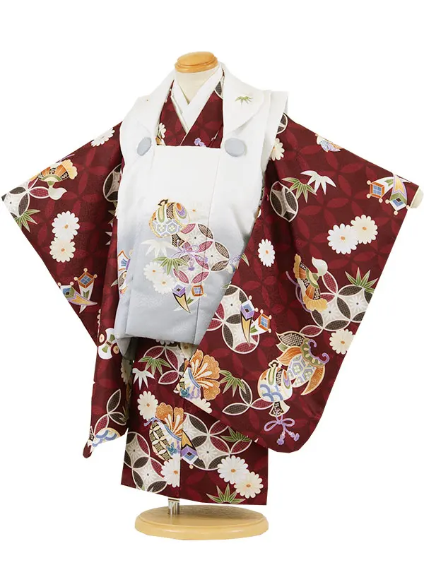 七五三レンタル （3歳男児被布）3A55 ボルドー×アイボリー 七宝柄 菊 小槌