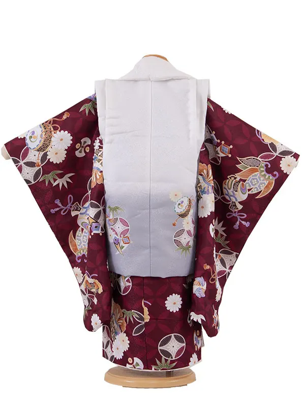 七五三レンタル （3歳男児被布）3A55 ボルドー×アイボリー 七宝柄 菊 小槌