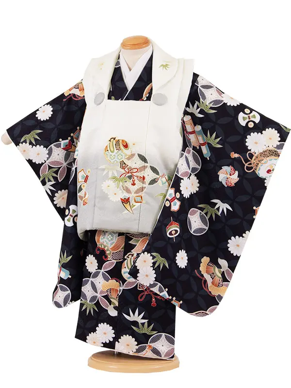 七五三レンタル （3歳男児被布）3A57 黒×アイボリー 七宝柄 菊 小槌